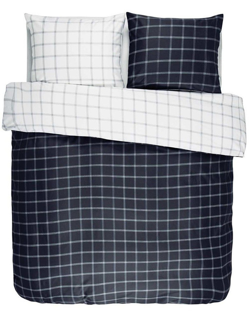 Pościel z satyny bawełnianej granatowo - biała, poszewka dekoracyjna, pościel w kratę, Essenza
